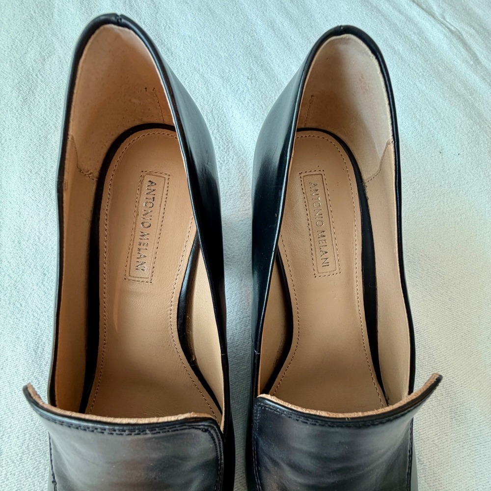 Antonio Melani Black Leather Loafer Pumps Square Toe Block Heel Womens 8.5M - Picture 6 of 11
